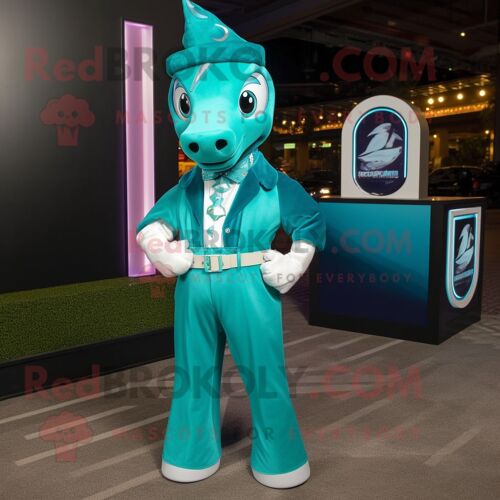 Mascotte Redbrokoly De Personnage De Fer À Cheval Bleu Sarcelle Habillé D'une Mini Robe Et De Pochettes