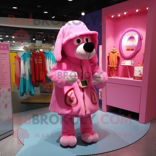 Mascotte Redbrokoly De Personnage De Chien Rose Habillé D'un Imperméable Et De Porte-Monnaie
