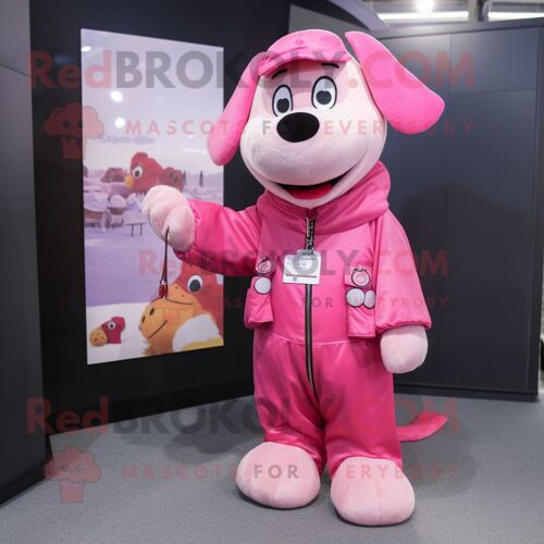 Mascotte Redbrokoly De Personnage De Chien Rose Habillé D'un Imperméable Et De Porte-Monnaie