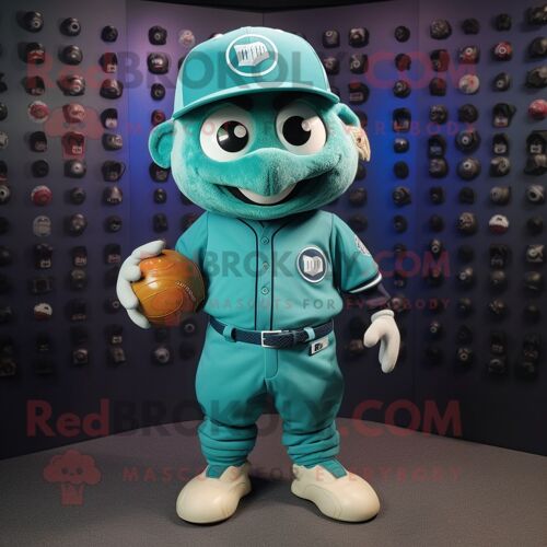 Personnage De Costume De Mascotte Redbrokoly De Casque De Football Américain Bleu Sarcelle Habillé D'un Tee-Shirt De Baseball Et De Bérets