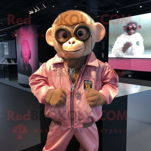Mascotte Redbrokoly De Personnage De Singe Capucin Rose Habillé D'un Blouson Aviateur Et De Porte-Clés