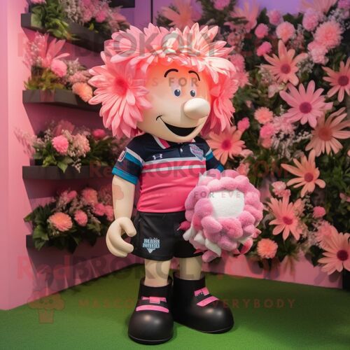 Personnage De Costume De Mascotte Redbrokoly De Bouquet De Fleurs Rose Habillé D'un Maillot De Rugby Et De Bracelets