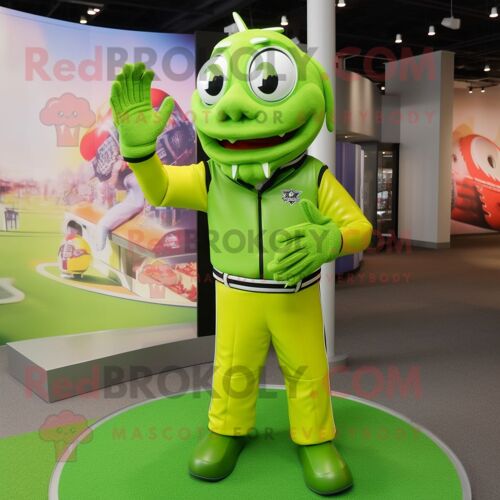 Personnage De Costume De Mascotte Redbrokoly De Casque De Football Américain Vert Citron Vêtu D'un Coupe-Vent Et De Gants