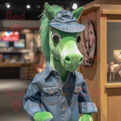 Mascotte Redbrokoly De Personnage De Jument Verte Habillée D'une Chemise En Jean Et De Boucles D'oreilles