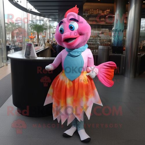 Personnage De Costume De Mascotte Redbrokoly De Poisson Clown Rose Habillé D'une Robe De Cocktail Et De Châles