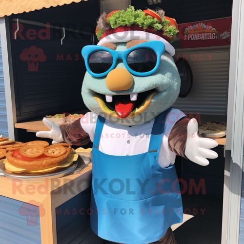 Personnage De Costume De Mascotte Redbrokoly Blue Pulled Pork Sandwich Habillé D'un Short Et De Lunettes De Soleil