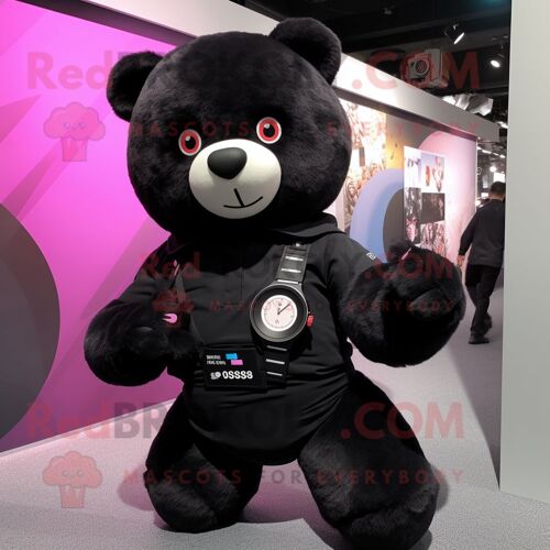 Personnage De Costume De Mascotte Redbrokoly D'ours En Peluche Noir Habillé D'un Gilet Et De Montres Connectées