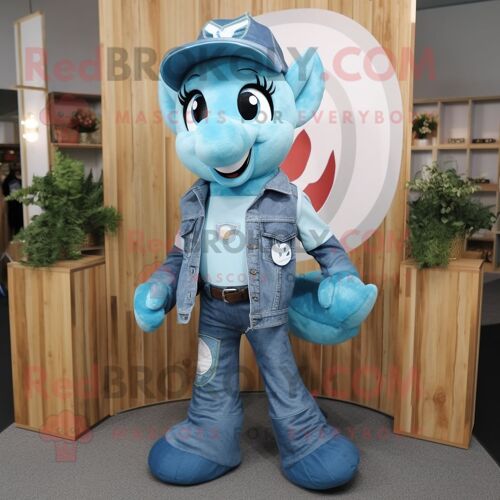 Personnage De Costume De Mascotte Redbrokoly De Fer À Cheval Bleu Sarcelle Habillé D'une Chemise En Jean Et D'écharpes