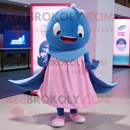 Personnage De Costume De Mascotte Redbrokoly De Baleine Bleue Rose Habillé D'une Jupe Et De Casquettes