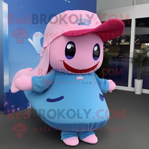 Personnage De Costume De Mascotte Redbrokoly De Baleine Bleue Rose Habillé D'une Jupe Et De Casquettes
