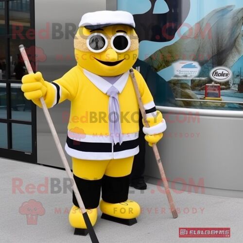 Personnage De Costume De Mascotte Redbrokoly De Bâton De Hockey Sur Glace Jaune Citron Habillé Avec Un Pantalon Habillé Et Des Montres Brac