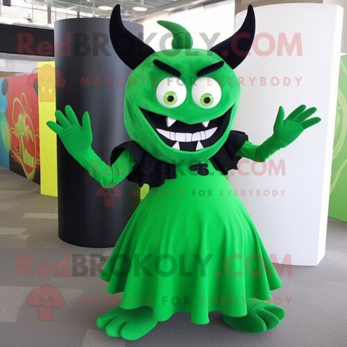 Personnage De Costume De Mascotte Redbrokoly De Diable Vert Forêt Habillé D'une Jupe Longue Et De Boucles D'oreilles