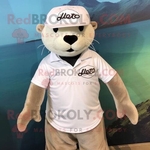 Personnage De Costume De Mascotte Redbrokoly De Loutre Blanche Habillé D'un Polo Et De Chapeaux