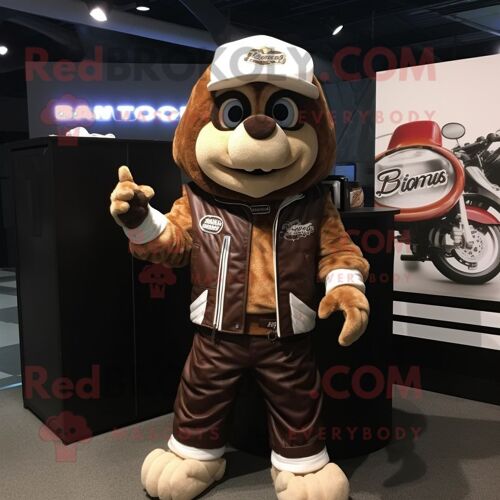 Beef Stroganoff Personnage De Costume De Mascotte Redbrokoly Habillé Avec Une Veste De Moto Et Des Bonnets