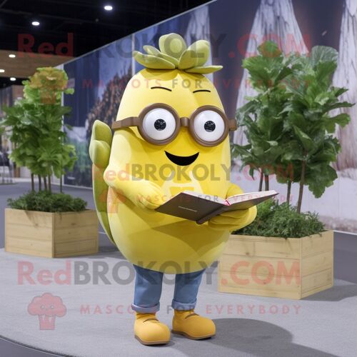Personnage De Costume De Mascotte Redbrokoly De Navet Jaune Citron Habillé D'une Chemise En Chambray Et De Lunettes De Lecture