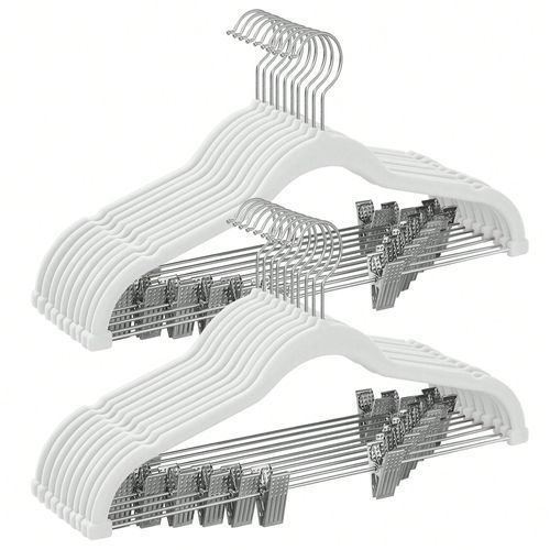 Cintres pour pantalons, Lot de 20, en velours, Longueur 42,5 cm, avec pinces Réglables, Antiglisse, Gain de place, Blanc