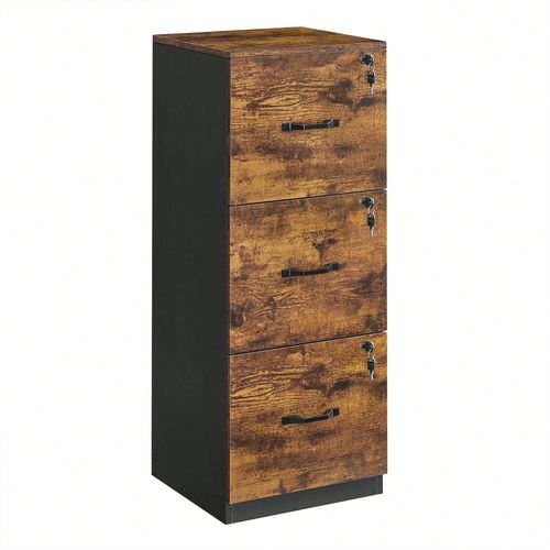 Caisson De Bureau À 3 Tiroirs, Support D'imprimante, 3 Tiroirs Verrouillables, Rail De Suspension Réglable, Pour Dossiers A4, Marron Rustique Et Noir