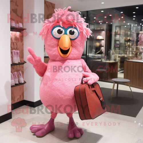 Personnage De Costume De Mascotte Redbrokoly De Poulet Rose Parmesan Habillé D'un Body Et De Sacs À Main