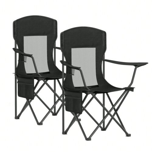 Lot De 2 Chaises De Camping, Chaises Pliantes, Dossier Haut, Accoudoirs Réglables, Porte-Gobelet, Supporter Jusqu'à 150 Kg, Noir D'encre