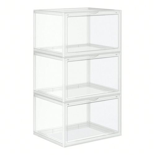 Boîtes à chaussures, Lot de 3, Empilable, avec porte, en plastique Pointure Jusqu'à 46, 36 x 28 x 22 cm, Transparent