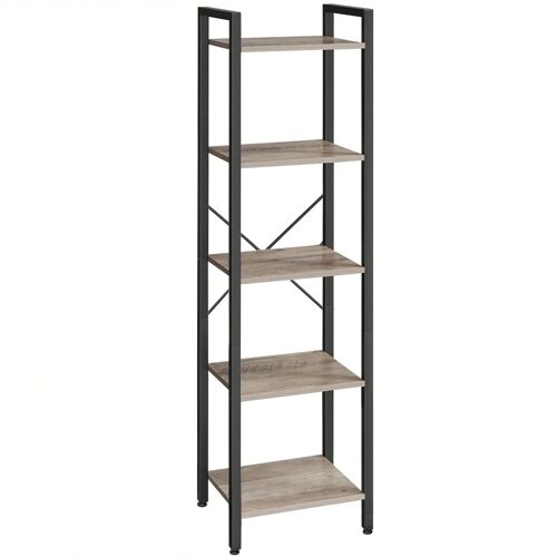 Étagère à 5 Niveaux, Bibliothèque, Meuble de rangement, avec sructure en acier, pour salon, Bureau, Entrée, Style Industriel, Grège et Noir
