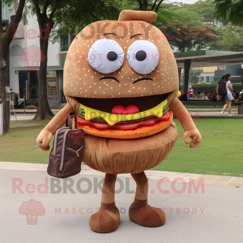 Personnage De Costume De Mascotte Redbrokoly De Hamburger Marron Habillé D'une Mini Robe Et De Sacs Messenger