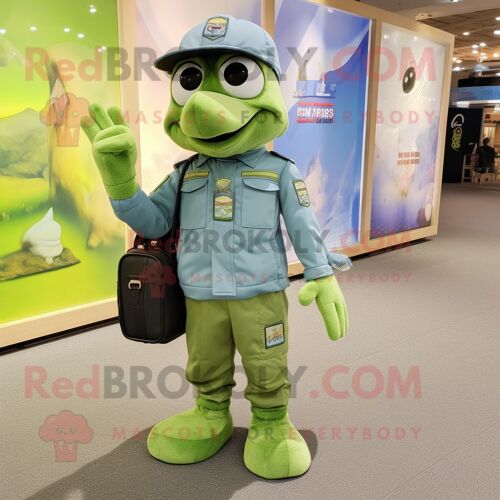 Personnage De Costume De Mascotte Redbrokoly De Soldat De L'armée De L'air Vert Citron Vêtu D'une Chemise En Jean Et De Portefeuilles