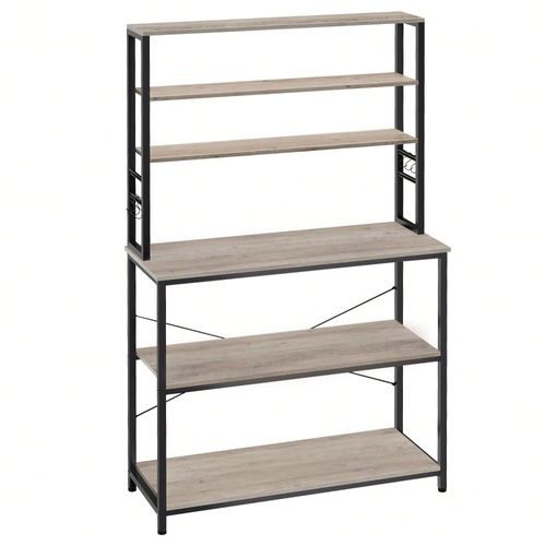 Étagère De Cuisine, Étagère Pour Machine À Café, 6 Étagères Et 6 Crochets, 40 X 100 X 167 Cm, Grège Et Noir