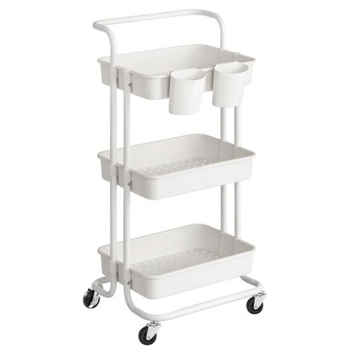 Chariot Mobile à 3 Niveaux, avec poignée, 2 Pots, 2 Freins, paniers en plastique, Montage Facile, pour chambre, Cuisine, Blanc