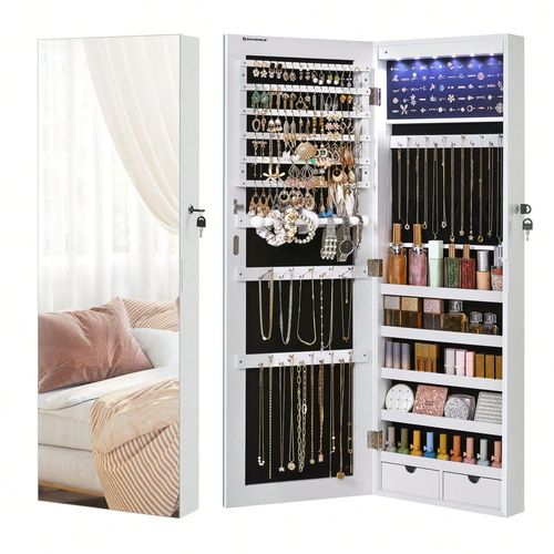 Armoire à bijoux avec miroir Long, Rangement Bijoux avec 6 Lampes LED, à suspendre à la Porte ou à fixer au Mur, Blanc