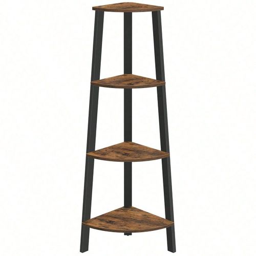 Étagère D'angle, Bibliothèque 4 Niveaux, Étagère Échelle, Meuble De Rangement, Avec Cadre En Acier, Marron Rustique Et Noir