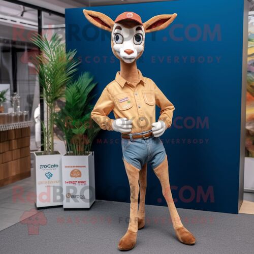 Mascotte Redbrokoly De Personnage De Gazelle Bronzée Habillée D'un Jean Bootcut Et De Pochettes De Costume