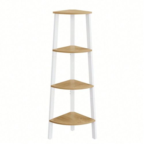 Étagère D'angle, Bibliothèque 4 Niveaux, Étagère Échelle, Porte-Plante, Style Industriel, Avec Cadre En Acier, Couleur Chêne Naturel Et Blanc Mat