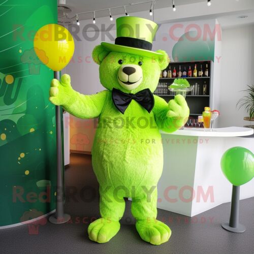 Personnage De Costume De Mascotte Redbrokoly D'ours Vert Citron Vêtu D'une Robe De Cocktail Et De Chapeaux