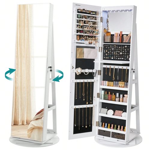 Armoire à bijoux avec miroir sur Pieds, avec 6 LED, Rangement Bijoux Pivotant à 360°, Miroir Psyché sans Cadre, Blanc Boisé