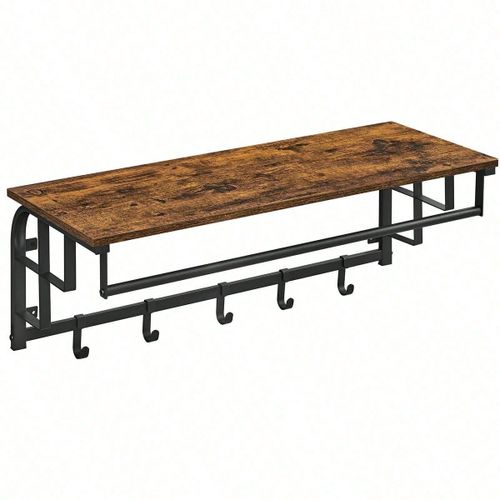 Portemanteau Mural avec Étagère de rangement, 5 Crochets Amovibles, Marron Rustique et Noir