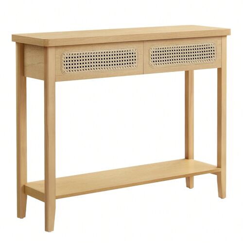 Table Console pour couloir, table de couloir avec 2 tiroirs, étagère ouverte, coins arrondis, style bohème, chêne beige