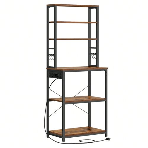 Étagère De Cuisine Avec Multiprise, 6 Étagères, 6 Crochets, Cadre En Acier, 40 X 60 X 167 Cm, Marron Rustique Et Noir D'encre