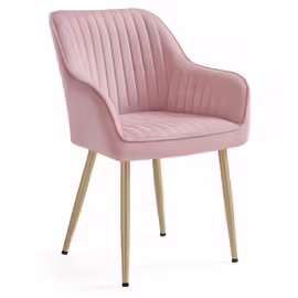 Chaise de salle à manger, Fauteuil en velours, Rembourrée, avec accoudoirs, Charge max. 120 Kg, Pieds en métal, Rose Bonbon et Doré Clair
