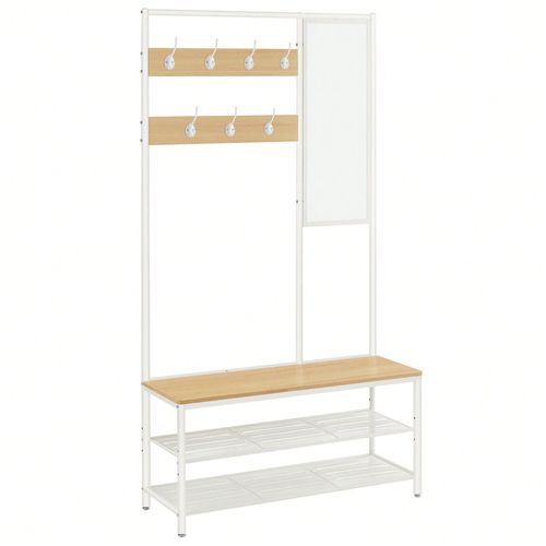 Meuble D'entrée Avec Crochets, Vestiaire, 35 X 98 X 180 Cm, Style Moderne, Couleur Chêne Et Blanc