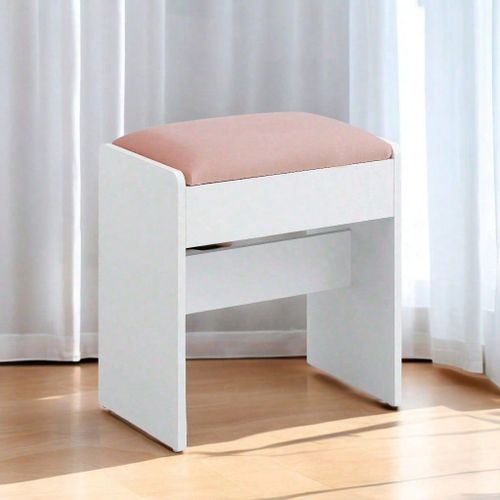 Tabouret De Coiffeuse, En Velours, Patins Antidérapants, Blanc Mat Et Rose Bonbon