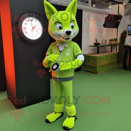 Personnage De Costume De Mascotte Redbrokoly De Renard Vert Citron Vêtu D'un Jean Skinny Et De Montres Connectées