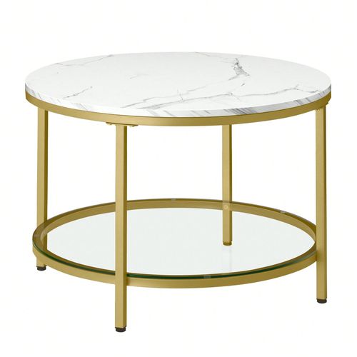 Table Basse, Façon Marbre, Support En Verre Trempé, Facile À Assembler, Style Moderne, Blanc Marbré Et Doré Clair