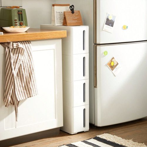 Tour De Rangement Sur Roulettes, Colonne De Cuisine Étroite, Étagère Plastique À 4 Niveaux, 45 X 17 X 84 Cm, Blanc Et Gris