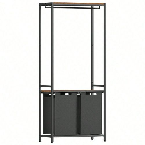 Panier à linge Double, avec 2 Étagères de rangement, 2 x 46 L, 73 x 33 x 177 cm, Marron Rustique et Noir Classique