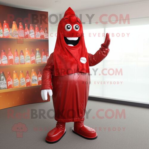 Personnage De Costume De Mascotte Redbrokoly De Bouteille Rouge De Ketchup Habillé D'une Veste De Costume Et D'enveloppes