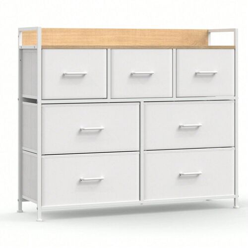 Commode, 7 Tiroirs En Tissu Avec Poignées, Cadre En Métal, 28,5 X 98 X 85 Cm (P X L X H), Style Moderne, Blanc Et Couleur Boisée