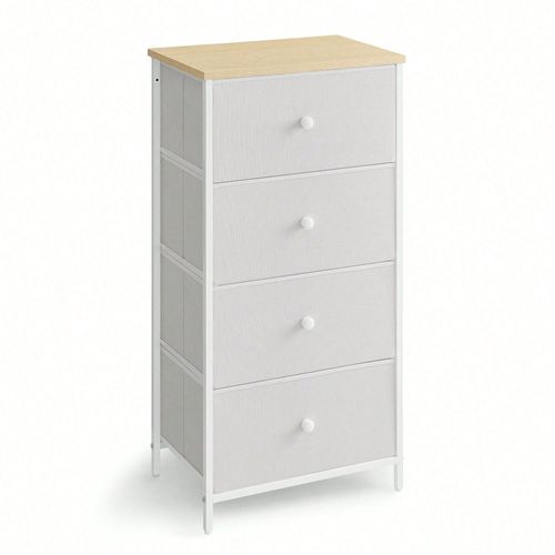 Commode, Meuble De Rangement Pour Chambre, Colonne De Rangement En Tissu Avec 4 Tiroirs, Cadre En Métal, Blanc Et Couleur Boisée