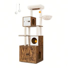 Arbre À Chat Moderne Avec Cache-Litière, Tour De Jeu, Griffoir Avec Maison De Toilette, 180 Cm, Niche, Marron Rustique