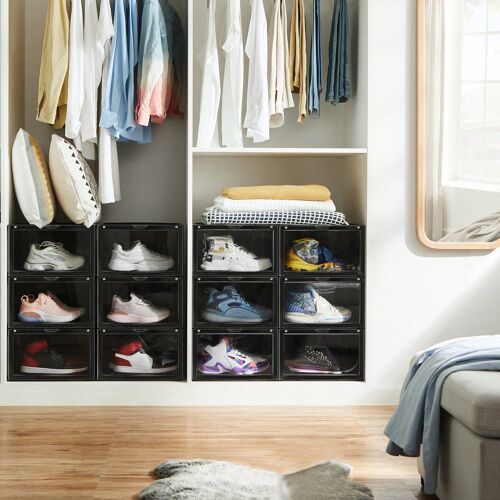 Boîtes à chaussures, Lot de 6, Empilable, avec porte, en plastique, Pointure jusqu'à 46, 28 x 36 x 22 cm, Noir